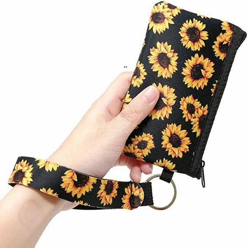 Neoprene Coin Purse ID Card Holder Wristlet Wallets Mini Bags Waterproof Sunflower Printing Fashion Handbag Passport Cover Coin Case 496
