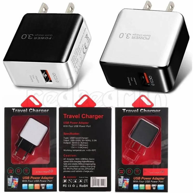 18W QC 3.0 Fast Wall Charger USB Snabbladdare US EU -kontaktadapter för iPhone 12 13 14 15 Pro Samsung S10 S9 Xiaomi Power Plug