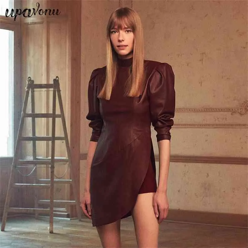 Free Elegant Women's Burgundy Faux Leather Dress Stand Collar Long Sleeve Bodycon Irregular Club Party 210524