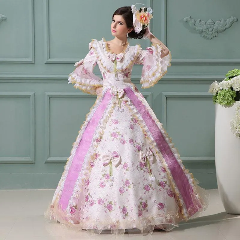 Abiti casual XVIII secolo Royal rosa e viola rococò barocco masquerade quadrato colletto arco pizzo europeo campo da ballo ballo abiti da ballo