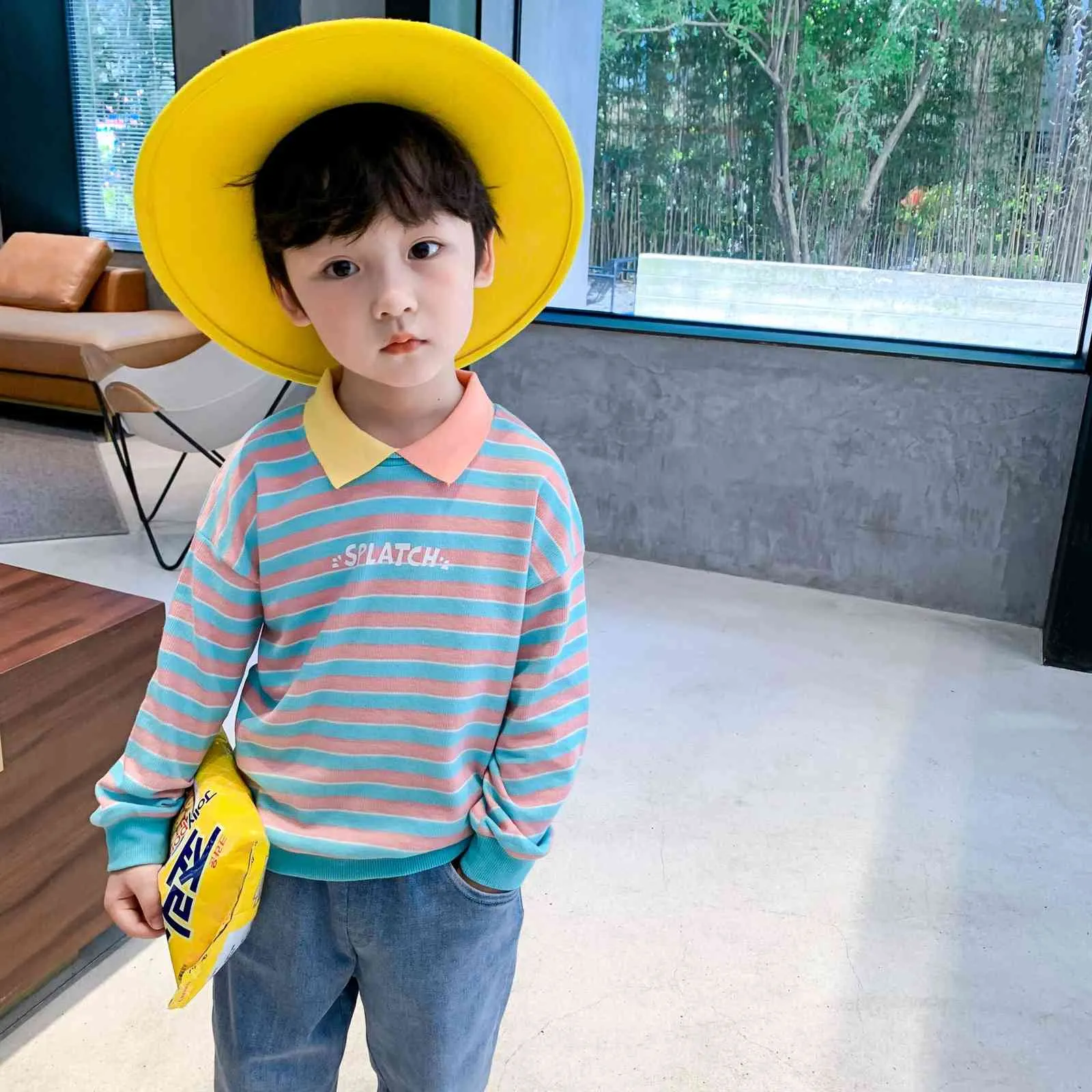 Autumn boys casual Contrast color turn-down collar striped sweatshirts 1-6 years children cotton long-sleeved pullovers 210508