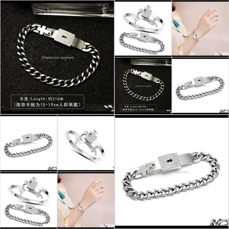 link up to the sky concentric key interlock titanium steel couple heart lock frosted women`s bracelet men`s