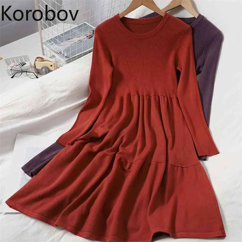 Korobov Kore Kazaklar O Boyun Uzun Kollu Örme Elbise Sonbahar Kış Temel Ofis Lady Vintage Elbiseler Zarif Vestidos 210430