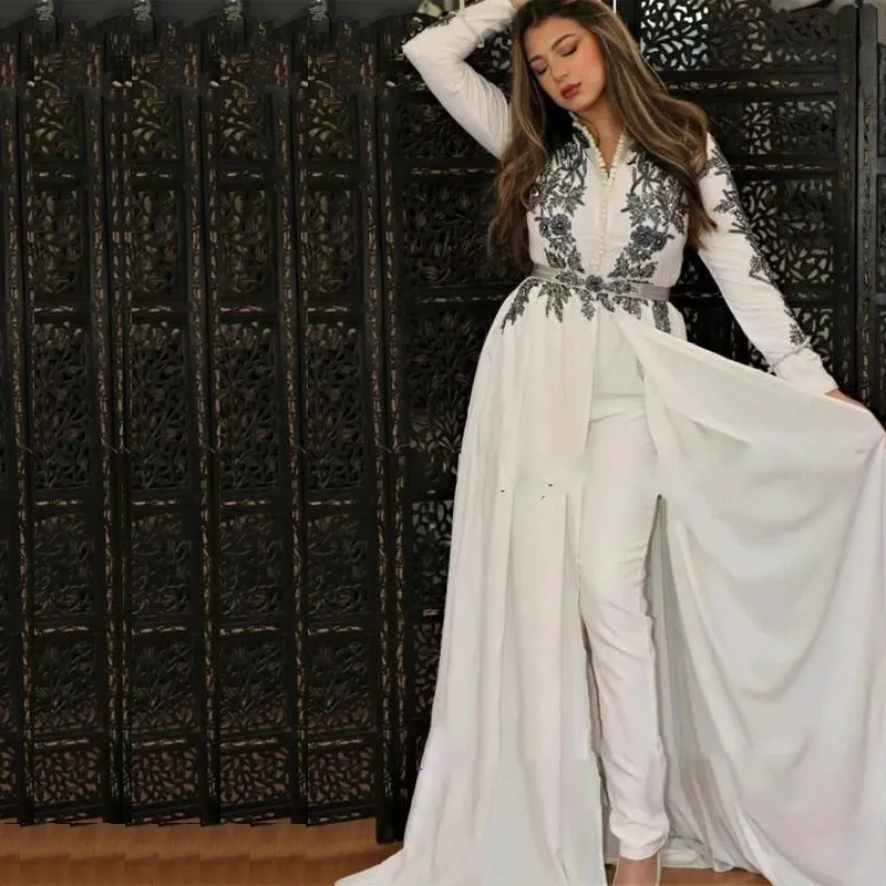 Long Jumpsuit White Sleeve Muslim Evening Dresses V Neck Black Lace Appliques Overskirt Train Arabic Moroccan Formal Gowns