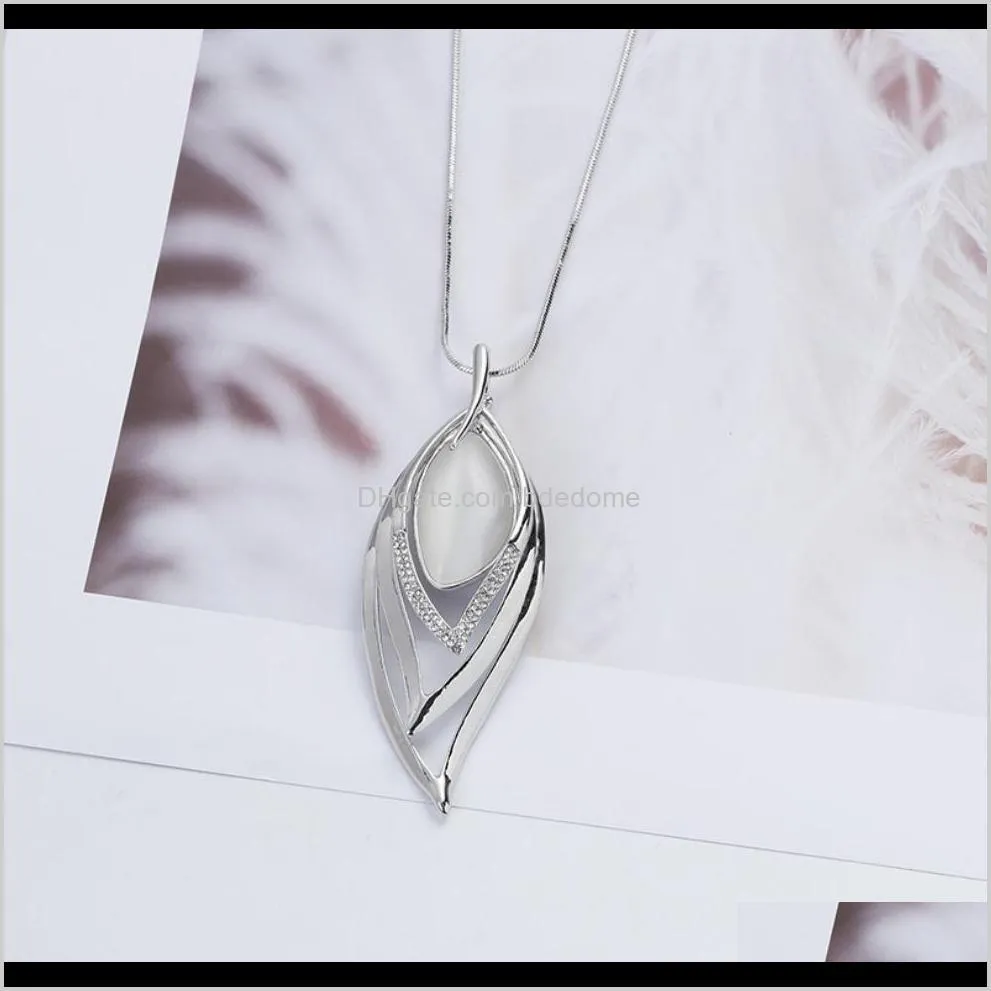 sweater necklace long chain alloy tree leaf pendant stone setting silver plated brass snake chain woman gift