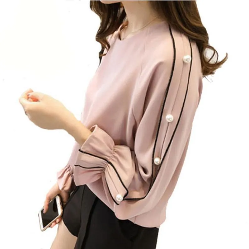 Plus Größe Chiffon-Shirt weibliche Blusa Perlen Tops Frühling langärmelige einfarbige Frauen Bluse Frauen Kleidung 210419