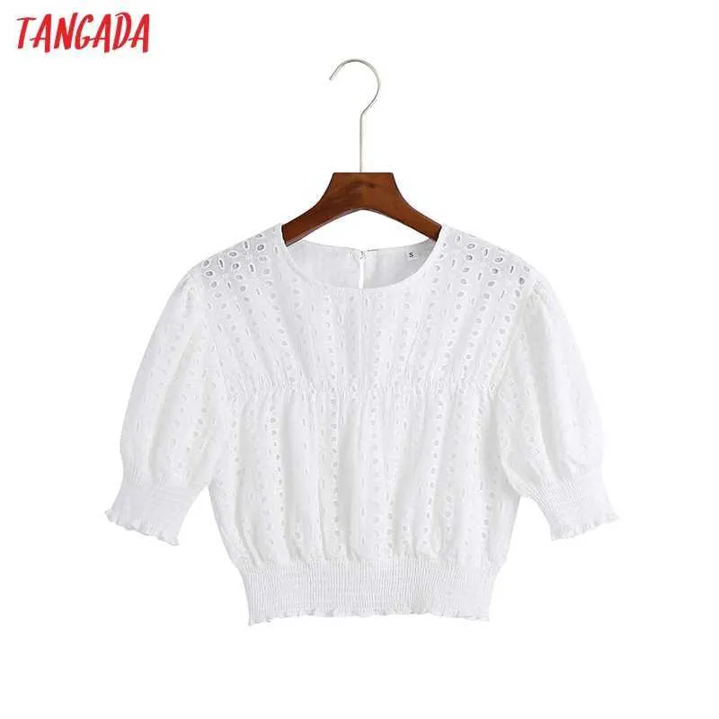 Tangada Mulheres Retro Bordado Romântico Colheita Camisa Para Verão Manga Curta Chique Camisa Feminina Tops 6Z83 210609