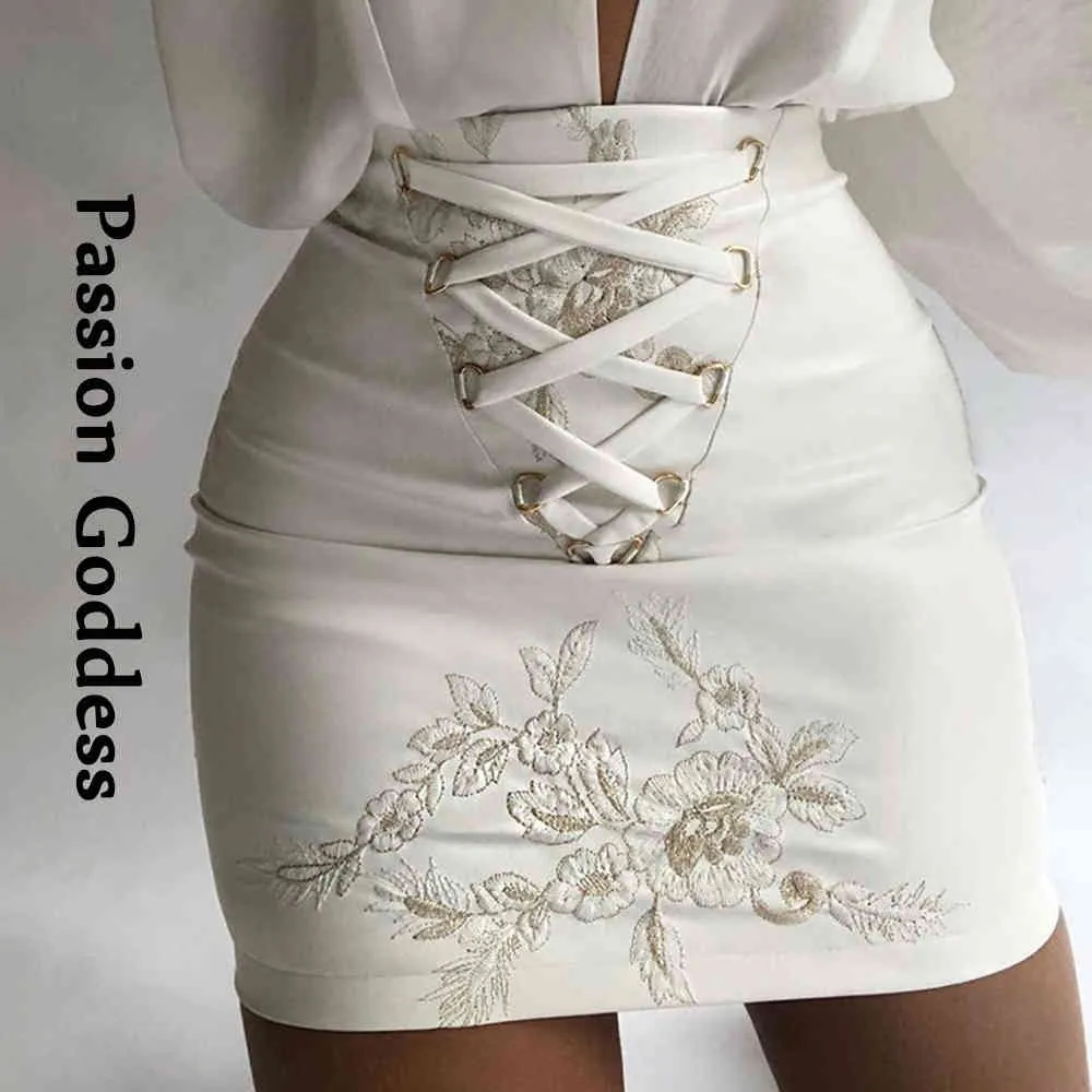 Mulheres Sexy White Pu Couro Bordado Saias Bonita Lace Up Cintura Alta Bodycon Mini Saias Festa Lápis Lápis Saias de Couro Escritório X0428