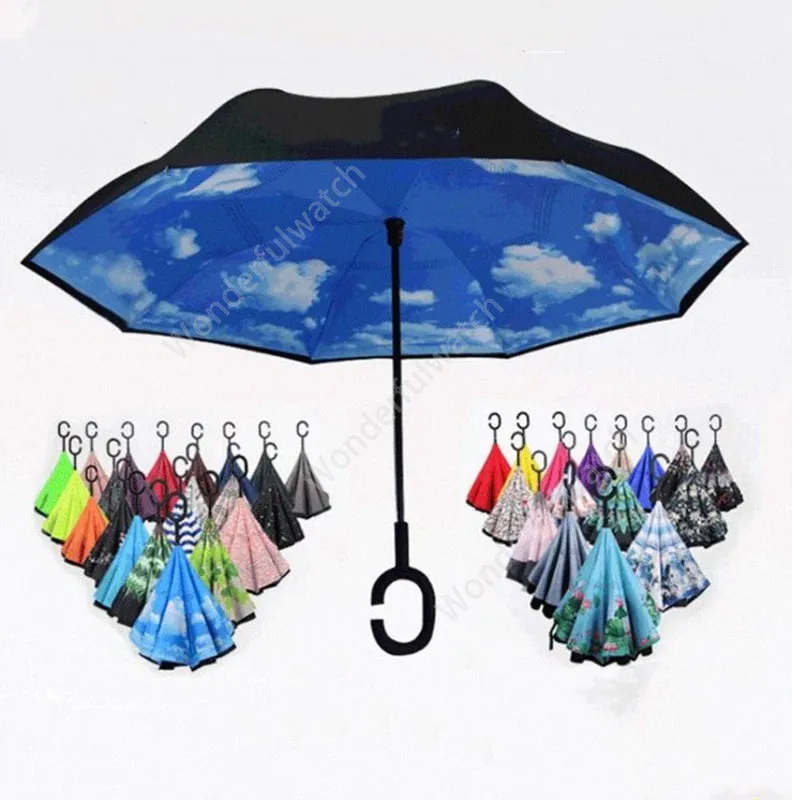 Горячий перевернутый обратный зонт C ручка ветрозащитный обратный дождь защита от зонтика зонтик зонтики бытовые подсветки морская доставка DAW362