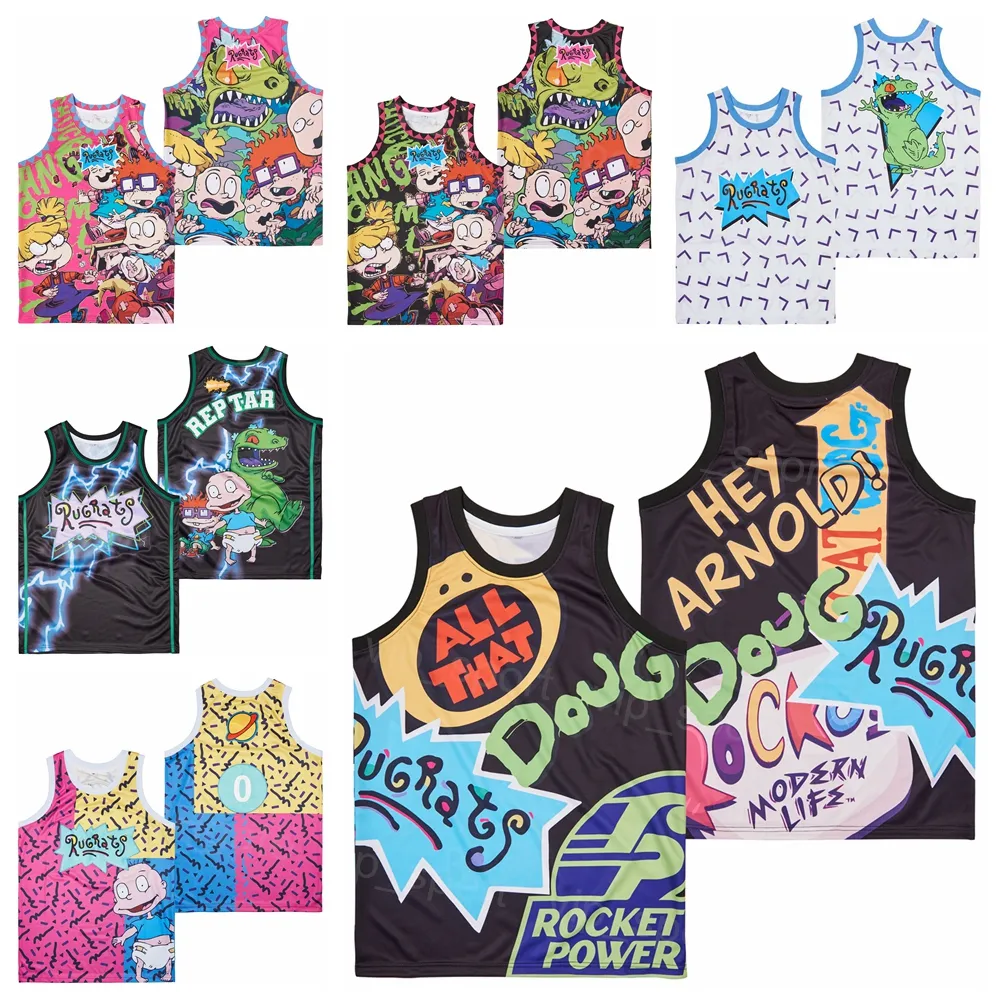 Movie Film Reptar The Rugrats Basketball Jersey Regenererat Gå Wild Big Baby 1949 Pinky Records Airbrush Day Nickelodeon Allt som Hiphop Stitched Black White Red Red