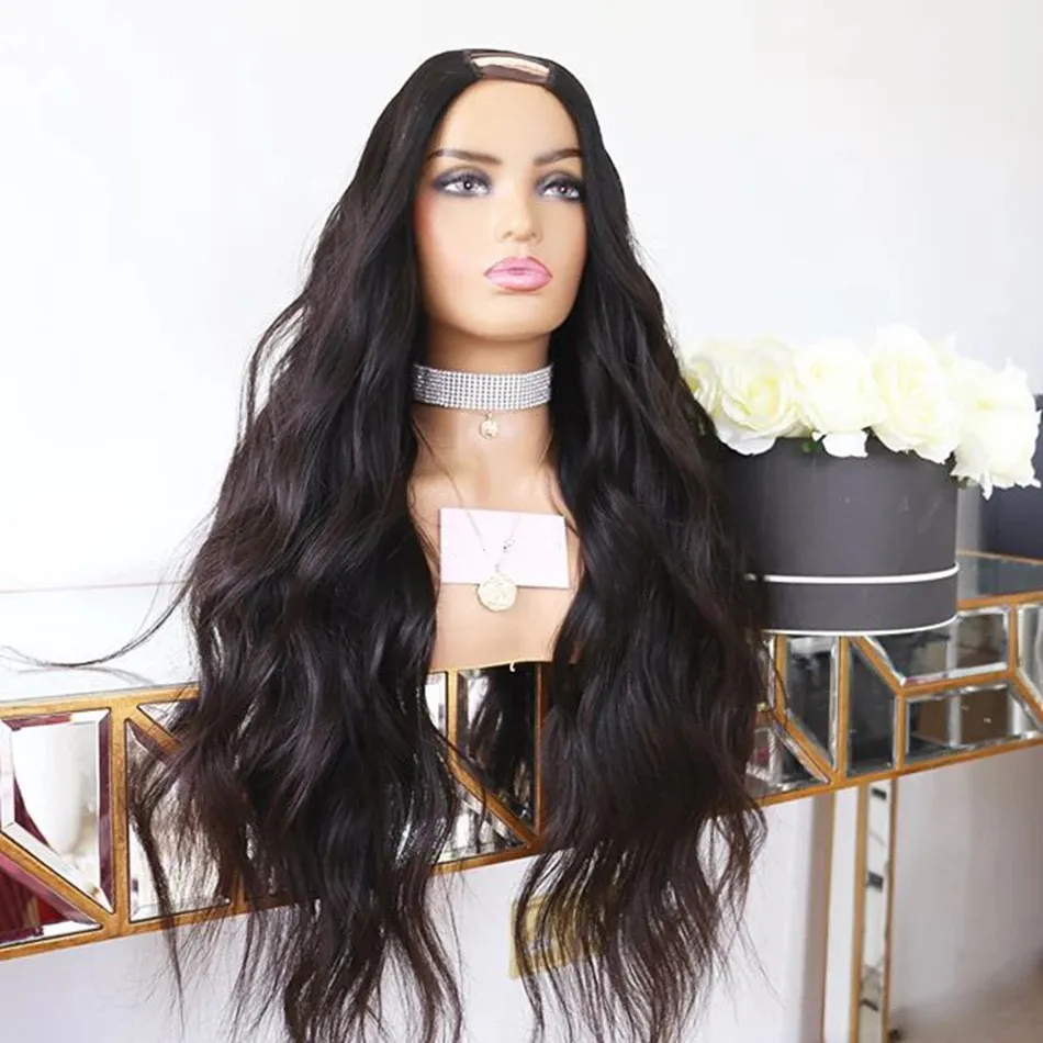 30 tum 250 densitet u del Wavy Full Machine Made Indian Human Hair Wigs For Black Women Glueless 100% obearbetade förlängnings peruker med kammar och remmar