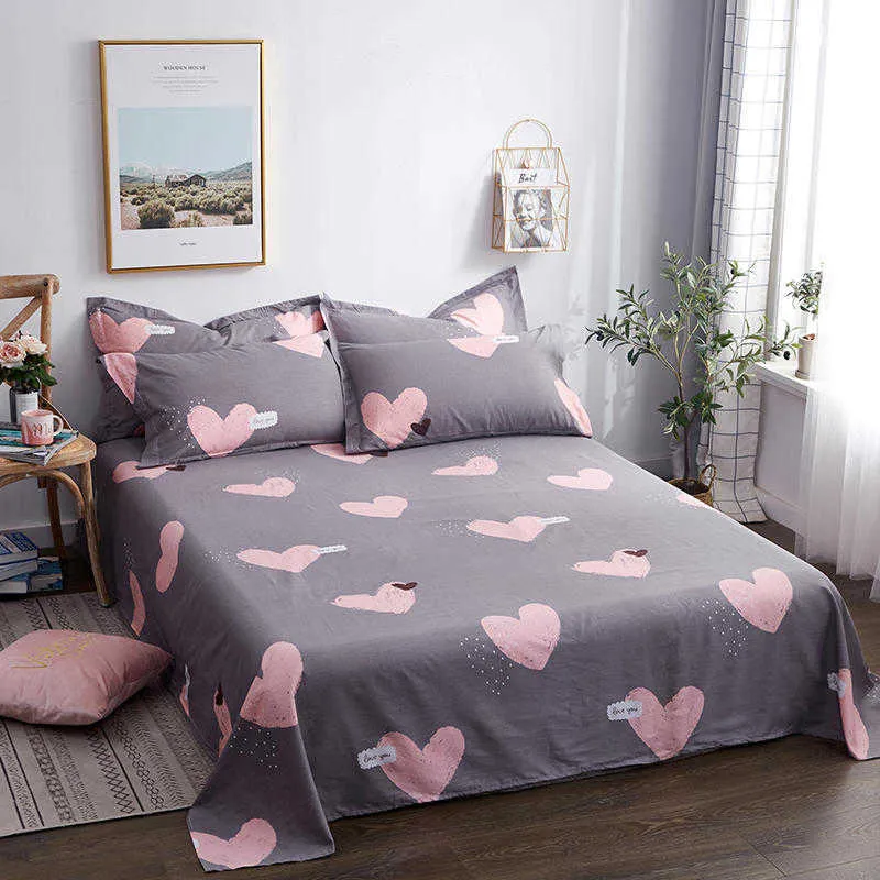 Bonenjoy 1 pc 100%Cotton Bed Sheet Single Size Kids Bed Linen Pure Cotton Heart Printed Double Top King Sheets (no pillowcase) 210626