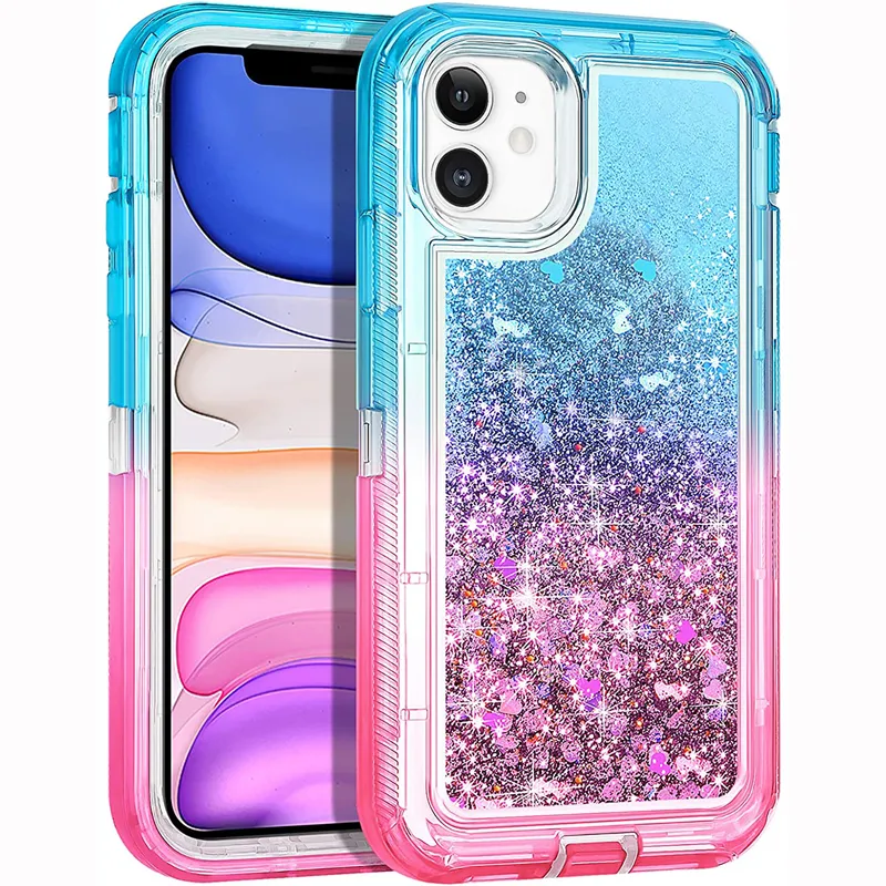 3 en 1 Hybrid Armor Cases Heavy Duty Gradient Quicksand Liquid Shockproof Robot Case pour iPhone 12 11 Pro Max 8 7 Samsung S10 Plus S20 FE S21 Ultra Note 20