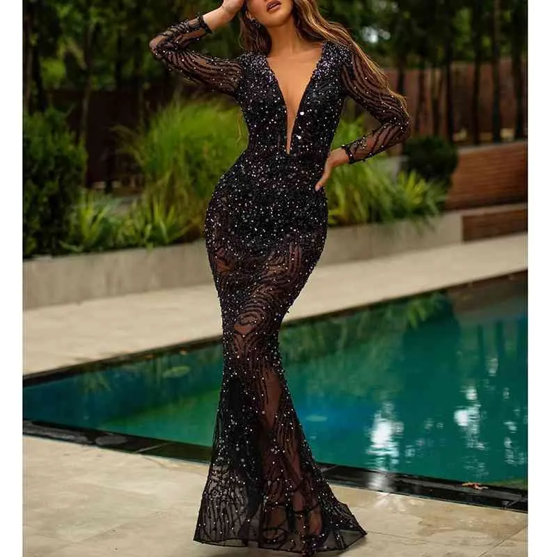 Sommer Frauen Maxi Meerjungfrau Ärmel Sexy Bodycon Schwarz Pailletten Abend Langes Partykleid 210415