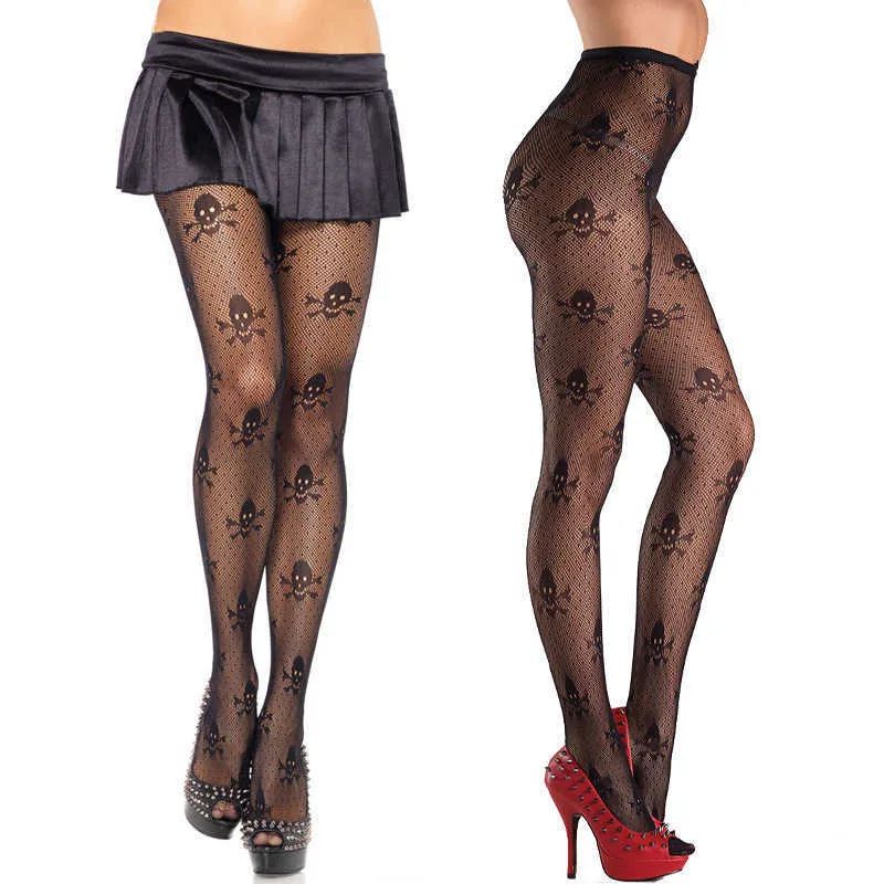 Serré sexy amusant Halloween squelette tête de crâne résille ouvert entrejambe collants tuyau femmes sexy intimes