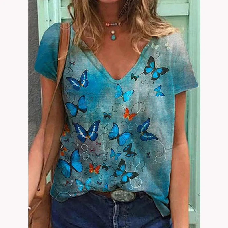 T-shirt manches courtes femme, estival et à la mode, imprimé papillon, en coton, grande taille, S-5XL