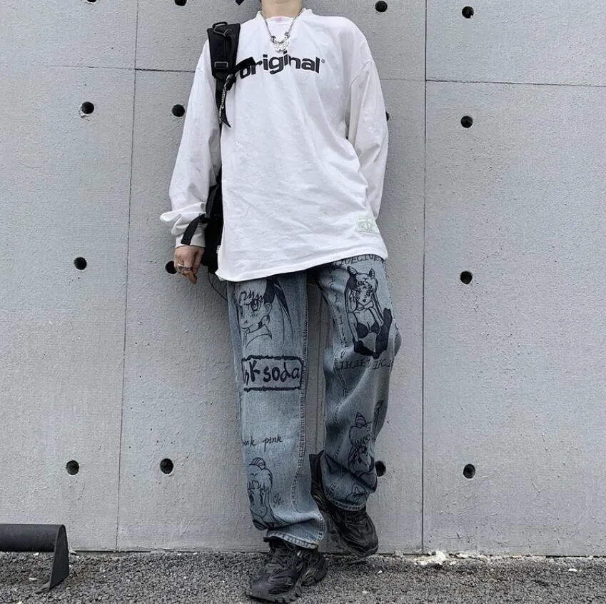 Vintage lavado mujer Streetwear Harajuku Dibujos animados Anime Imprimir Jeans Moda Pantalones de mezclilla sueltos Pantalones Vintage lavado mujer Streetwear Harajuku Dibujos animados Anime Imprimir Jeans Moda Pantalones de mezclilla sueltos Pantalones
