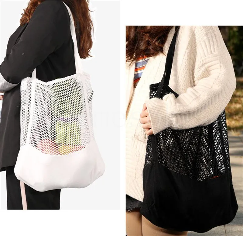 Home Storage Bags Reusable Shopping bag Fruit Vegetables Grocery Shopper Housekeeping Canvas polyester mesh tote RRD7672