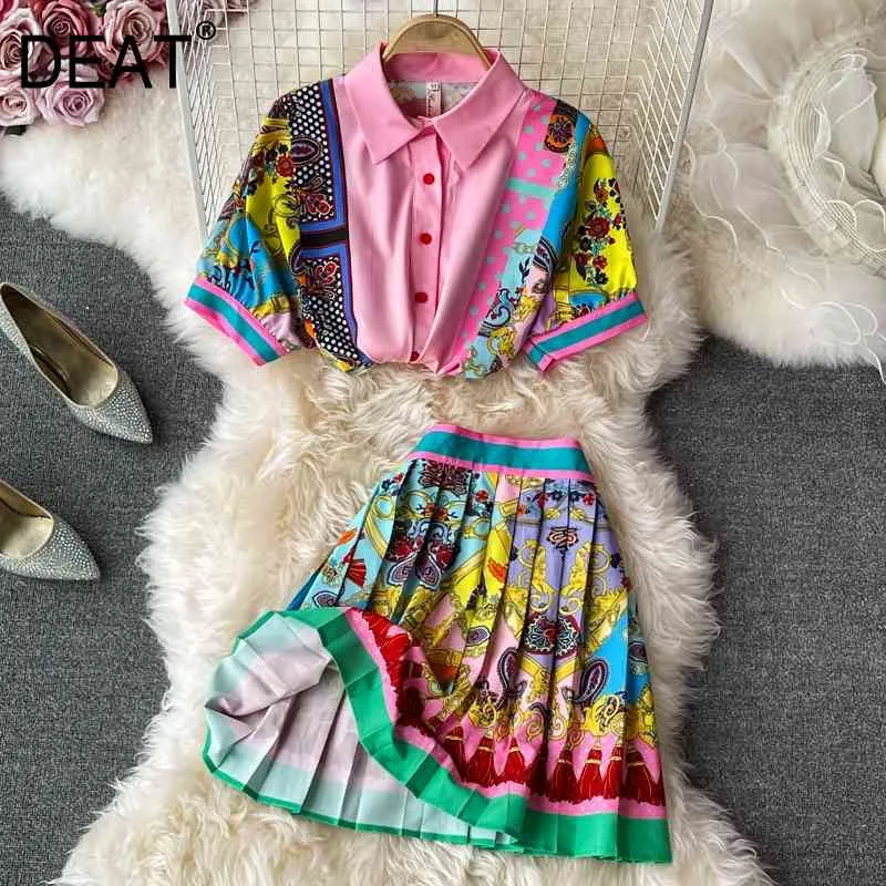 DEAT summer fashion women clothes turn-down collar short sleeves printed short shirt and mini skirt two pieces set 210709