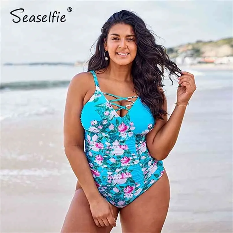SEASELFIE Plus Size Costume da bagno floreale blu sexy Donna Costume da bagno monokini grande da spiaggia 210702