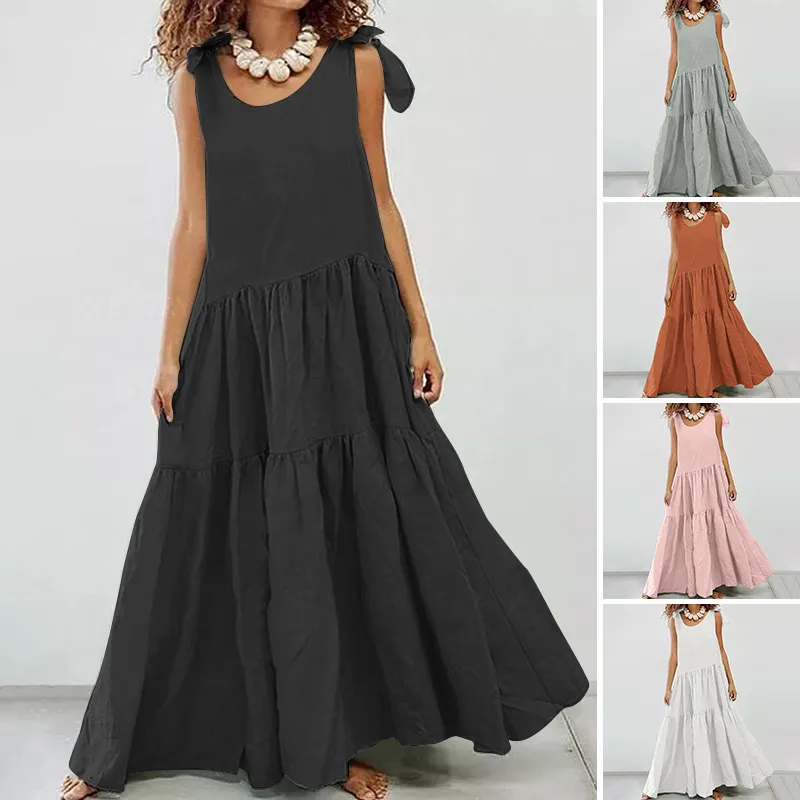 Frauen Rüschen Sommerkleid ZANZEA 2021 Stilvolle Solide Sommer Maxi Kleid Spitze Up Tank Vestidos Weibliche Casual Robe Femme Plus größe X0521