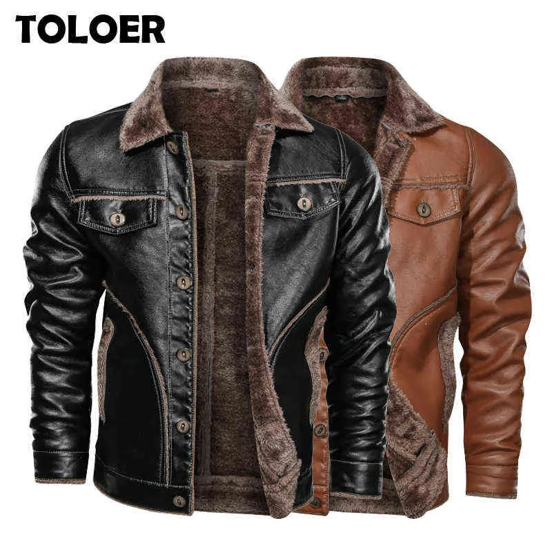 Winter New Men's Leather Jacket Casual Plus Velvet PU Leather Coat Men Fleece Military Motorcycle Retro Jacket Large Size M-8XL Y1109