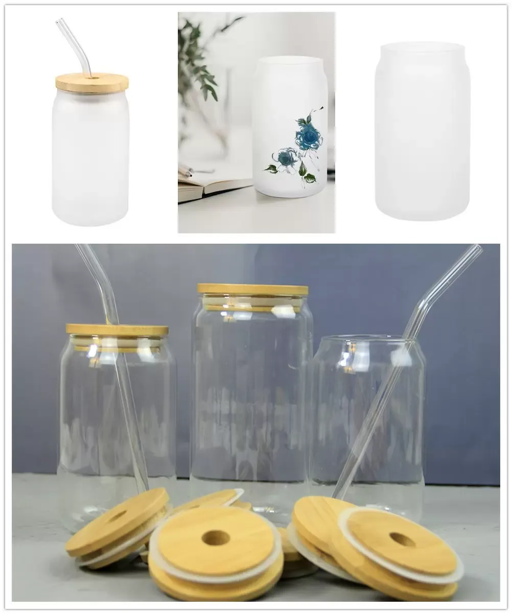 Sublimation Glass Beer Mugs with Bamboo Lid Straw DIY Blanks Frosted Clear Can Shaped Tumblers Cups Heat Transfer 15oz Iced Coffee Soda Whiskey Glasses IN STOCK CG001