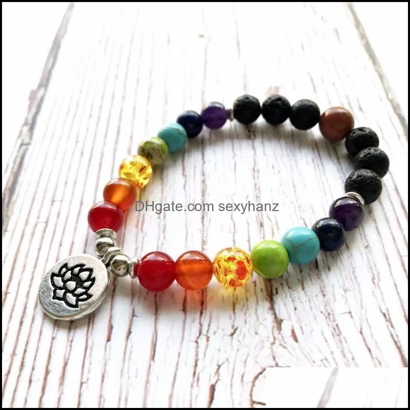 Chakra Natural Lava Stone Bracelet Fashion Lotus OM Buddha Mala Beads Bracelets Yoga Gift For Friend Beaded, Strands
