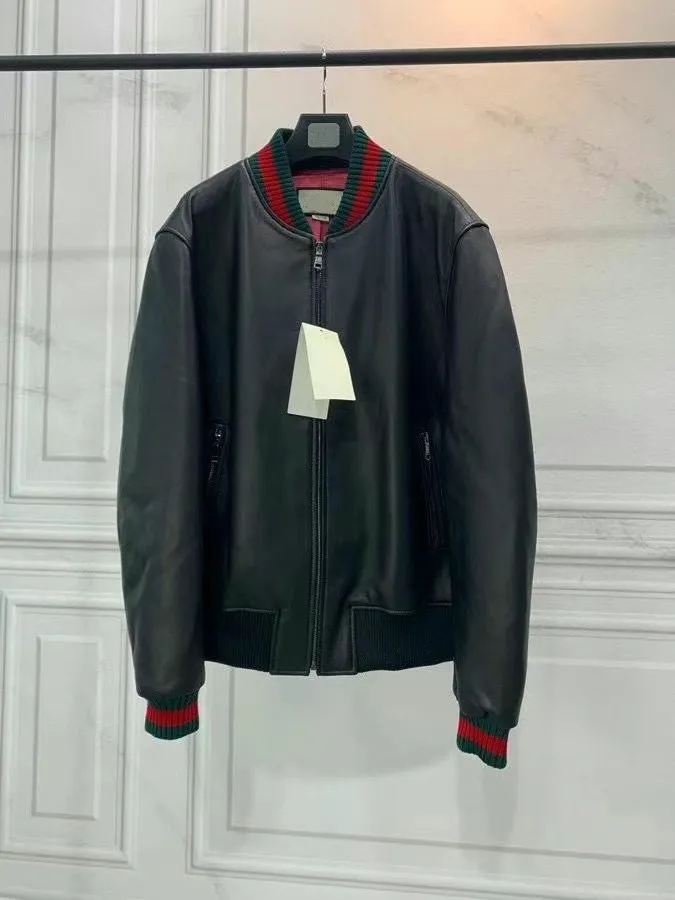 black men Baseball jackets sheepskin Genuine leather jacket stand collar sport suit