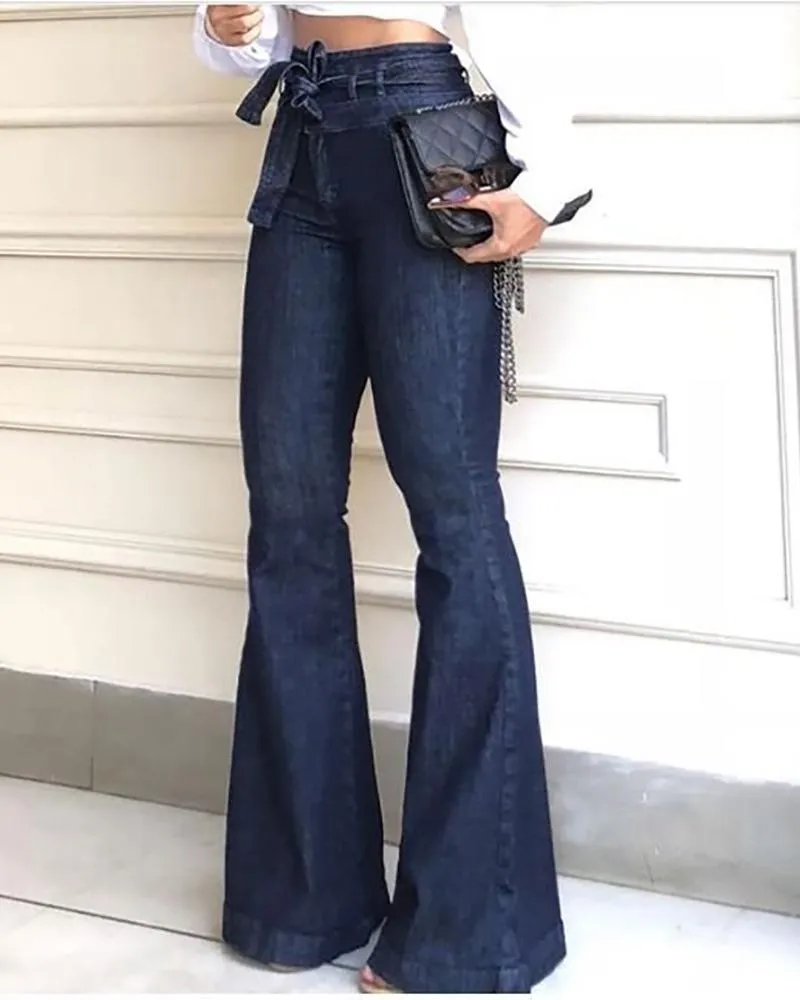 Denim High Waist Bell-Bottom Jeans Sexy Ladies Plus Size Trousers With Packets Casual Lady Office Streetwear Oversize Pants 210415
