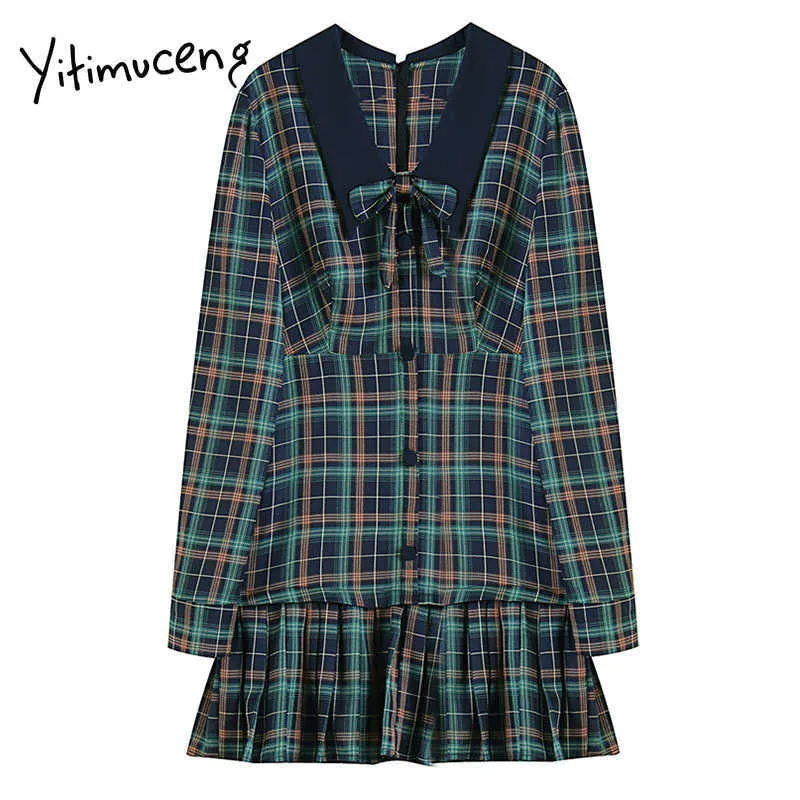 Yitimuceng Plaid Bow Button Dress Women A-Line Mini Spring Single Breasted Long Sleeve High Waist Vintage Office Lady 210601