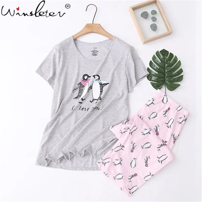 Penguins tecknadtryck härlig sömnskuld sommar o nacke Gullig pyjamas kvinna Kortärmad Loose Pajama Plus Storlek Homesuit T06203b 210421