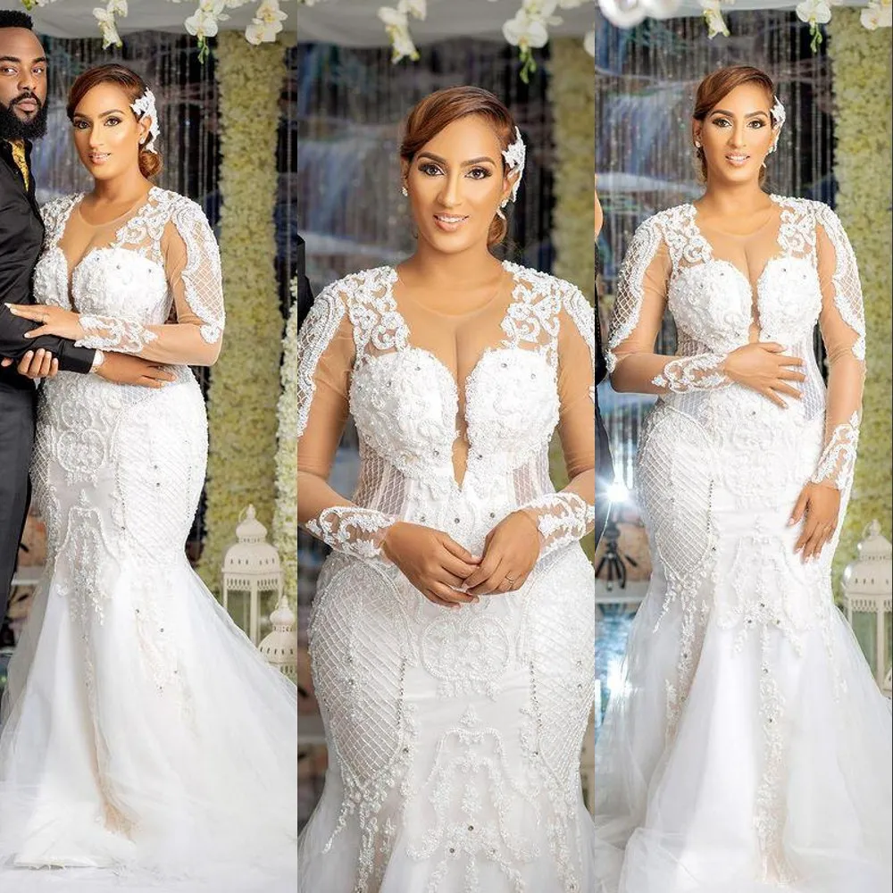 Sexy arabe aso ebi sirène luxueuse robes de mariée en dentelle complète appliques perles perles manches longues plus taille de taille de taille