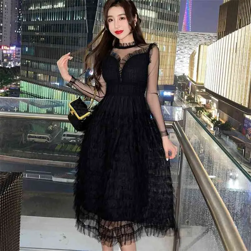 春のファッションセクシーなレースパッチワークメッシュブラックドレス女性長袖フリル階層ケーキMidi Party Dress Vestidos 210519