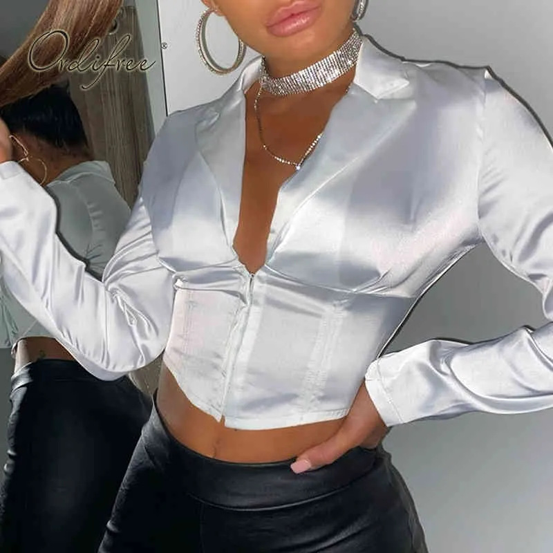 White Satin Blouse Women Long Sleeve V Neck Crop Top Spring Autumn Sexy Streetwear