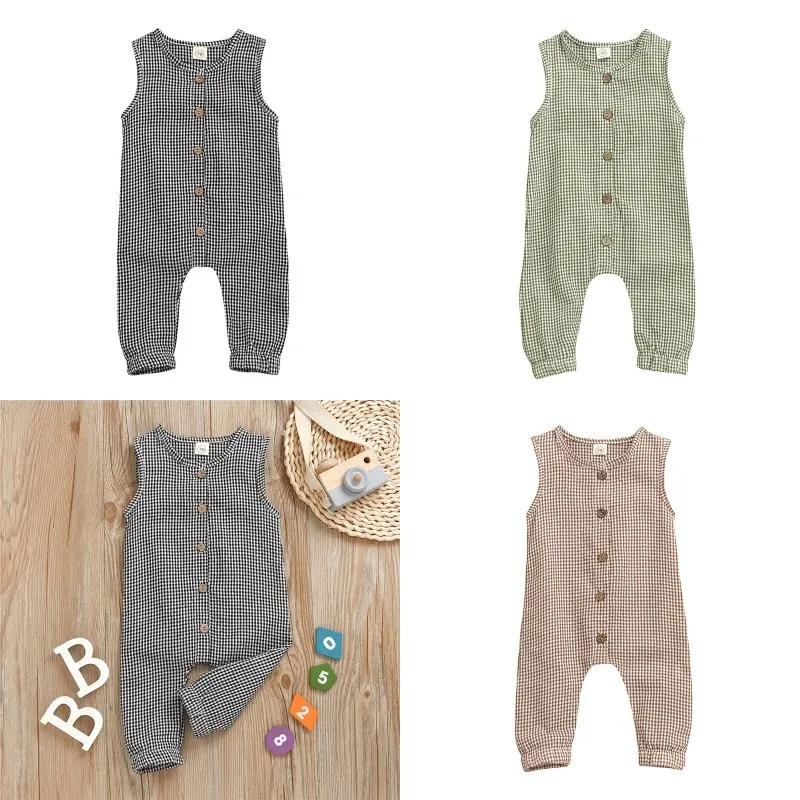 0-18M Baby Clothes Plaids Romper Summer Newborn Sleeveless Jumpsuit Baby Boy Overall Unisex Girl Outfits 20220221 H1