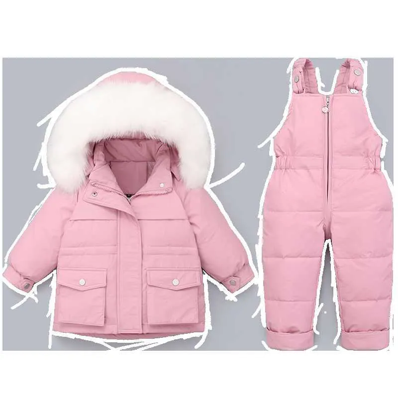 2 stks Set Kinderkleding Set Winter Down Baby Meisje Kleding Overalls voor Baby's Warm Bont Kraag Jongen Snowsuit Zuigeling Outlebear H0909