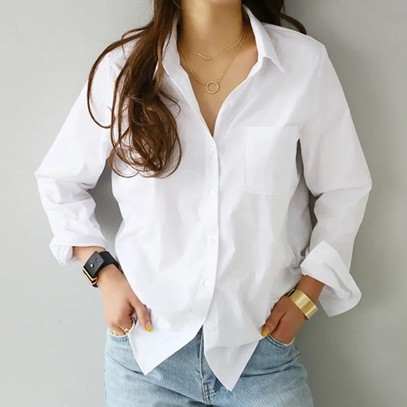 Primavera un bolsillo mujer camisa blanca blusa femenina Top manga larga Casual Turn-down Collar OL estilo mujeres blusas sueltas 210419