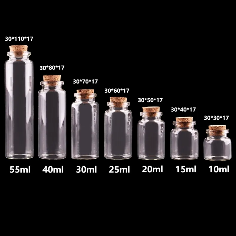 24pcs 10ml 15ml 20ml 25ml 30ml Carino Bottiglie di vetro trasparente con tappo di sughero Bottiglie di spezie vuote Vasetti Fiale artigianali fai da te 210331