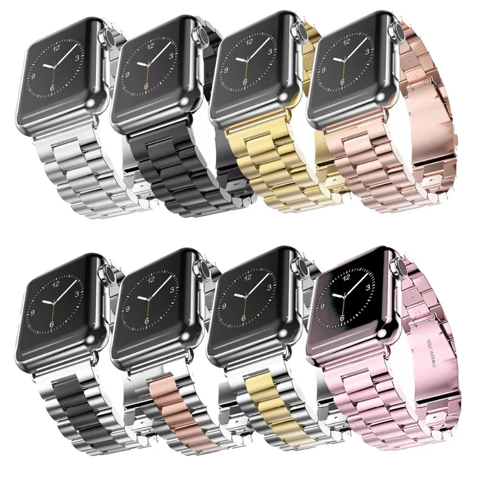 Lyxig gyllene rostfritt stålband för Apple Watch Ultra 49mm 8 7 41mm 45mm 42mm 38mm Metal Watchband Three Link Armband Band Fit IWatch Series 6 5 SE 4 3 40mm 44mm