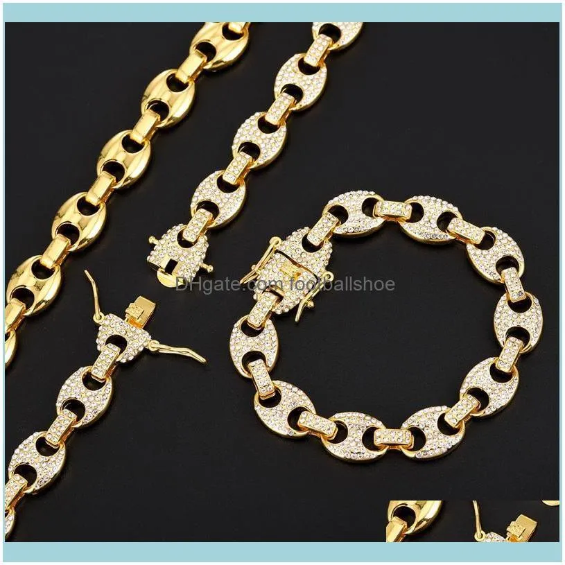 Alloy Rhinestone Hip Hop Necklace Iced Out CZ Coffee Bean Pig Nose Charm Link Punk Choker Chain Bling Jewelry Necklaces For Mens