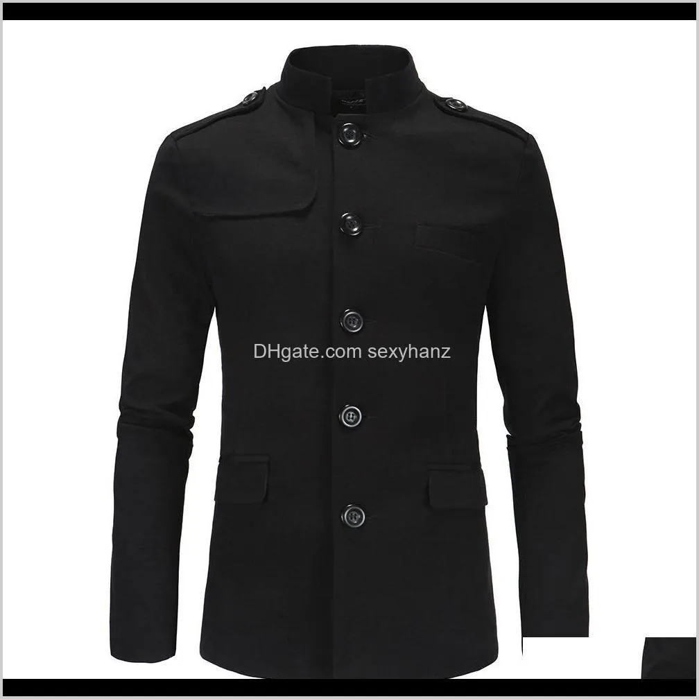 new arrivals winter men casual stand collar chinese tunic suit blazer jackets black single breasted slim jacket and coat m-2xl