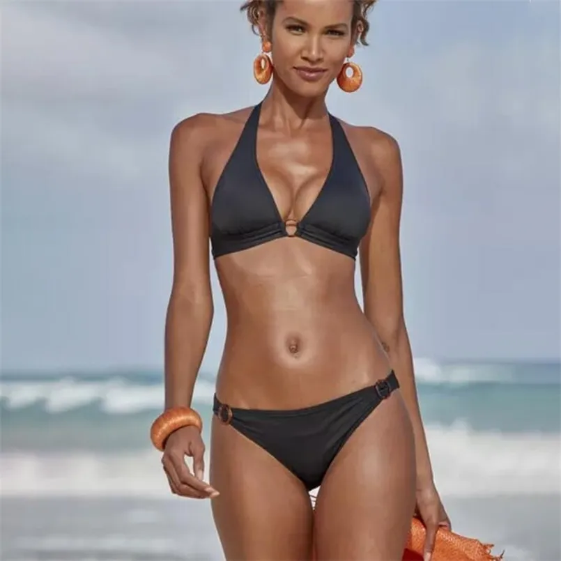 Bathing Suits Woman Solid Swimsuit Push Up Halter Bikini Ring Swimming for Women Low Waist Swimwear Two-piece 210630