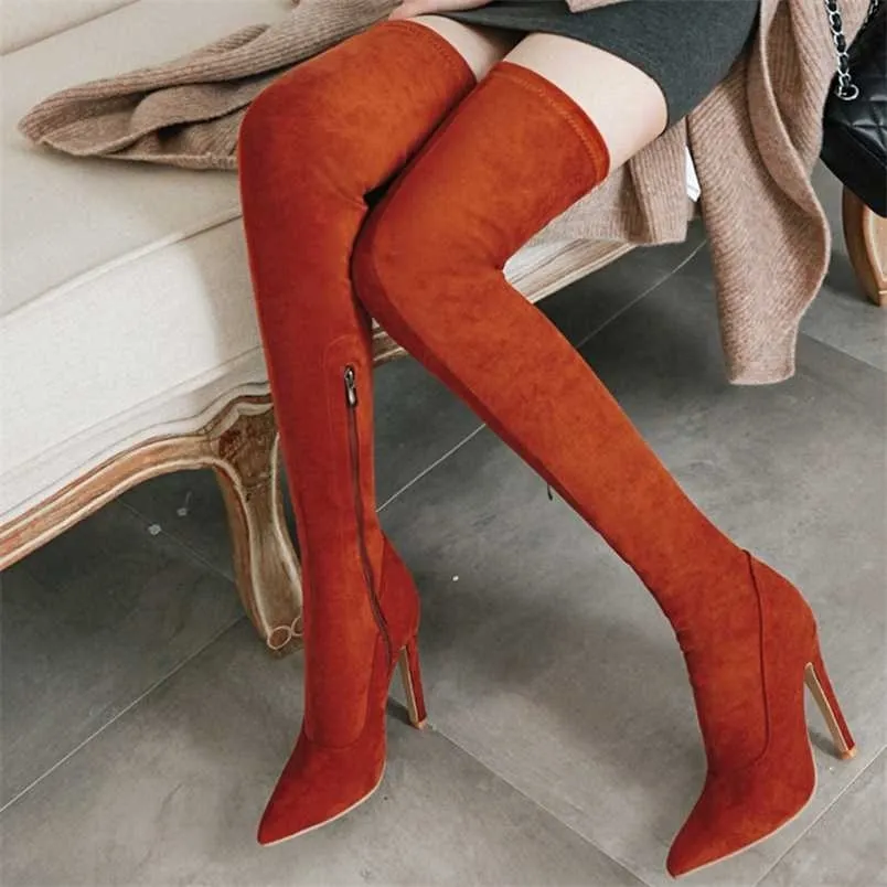 LuckyGirls Botas Muslo de Caña Alta para Mujer Slim Zapatos de Tacón Grueso Botitas 7cm 
