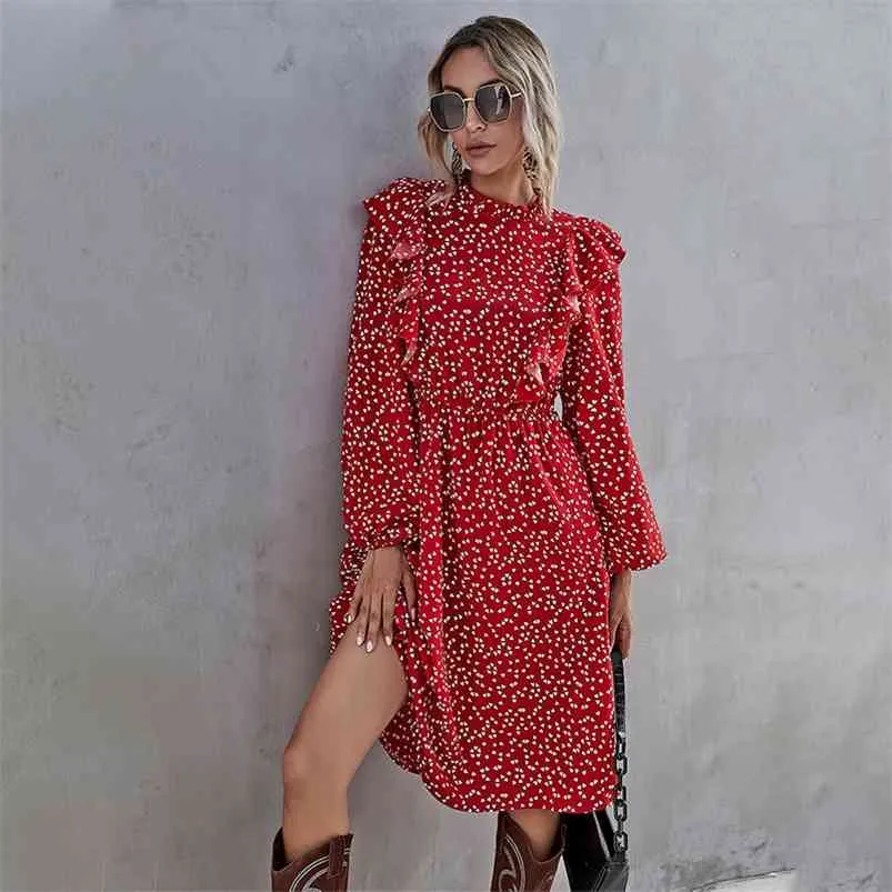 Mode Rüschen Herz Dot Print Kleid Frauen Elegante Volle Hülse Hohe Taille Damen Frühling Herbst Langes Kleid Rot 210715