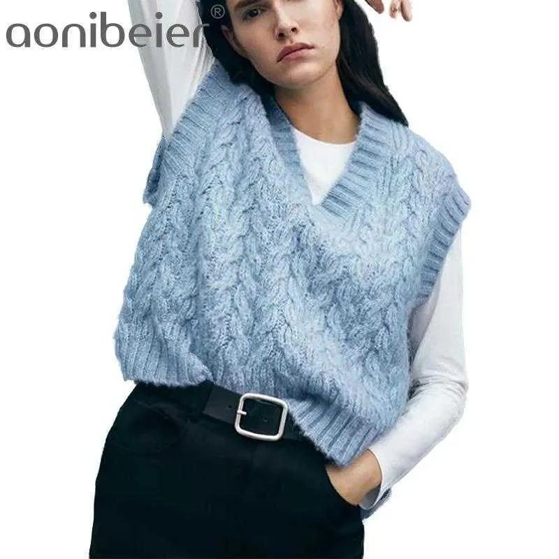 Twist Blue Cropped Cable-Knit Sweater Vest Vintage V Neck Female Waistcoat Tops Pull Sans Manche Winter Pullover 210604