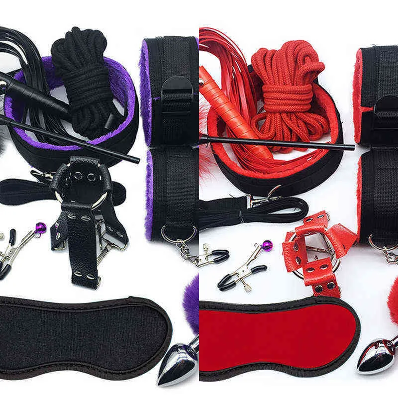 NXY SM Bondage Vrdios Exotic Sex Sex Toys Handcuff GAG Collar Chicotecas Brupos Jogo BDSM Set Restripts para Mulheres Anal Butt Plug 1223