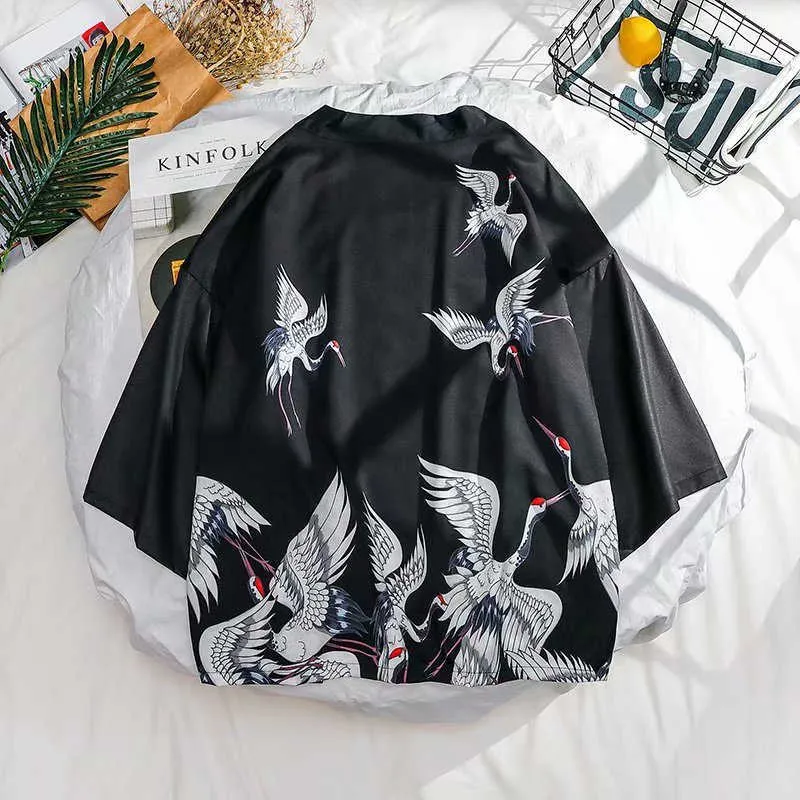 ZAZOMDE Summer Mens Kimono Jacket Plus Size Cardigan Patterns Open Stitch Fish Crane pattern Harajuku Men Clothing Set Y0831