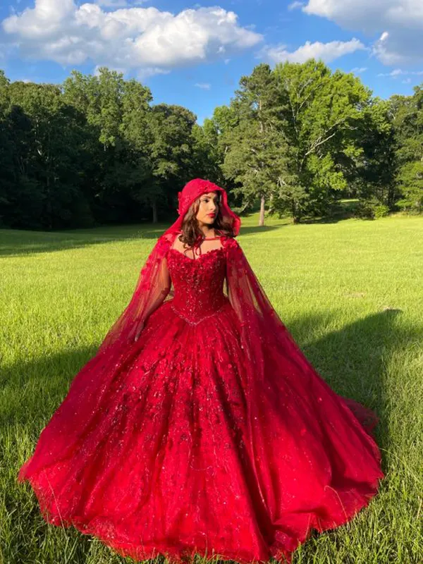 Modest Glitter Tulle Red Sparkly Quince Dress With 3D