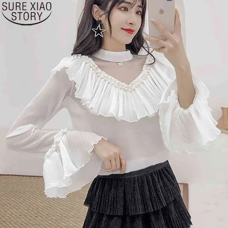 Womens Fashion Chiffon Long Sleeve Ruffle Blouse with